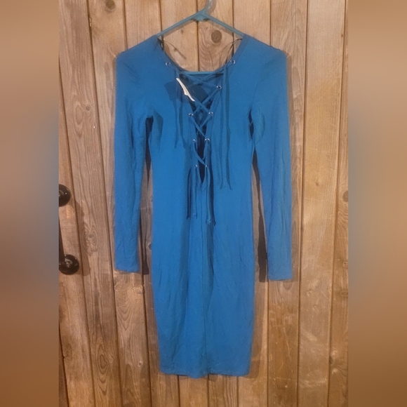 NEW# FOREVER 21 Small TEAL Calf-length long-sleeved bodycon MIDI dress - Picture 1 of 6
